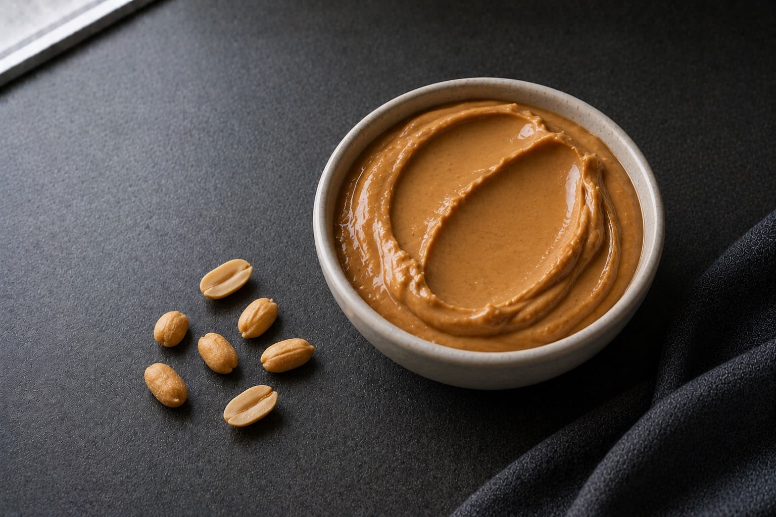 Creamy peanut butter in an open jar with a level tablespoon beside it