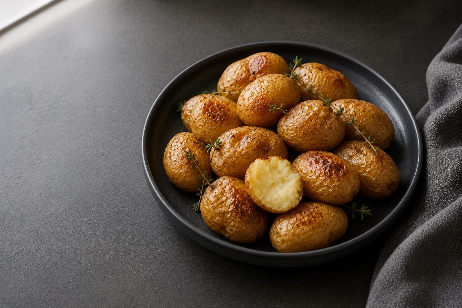 Russet, red, and gold potatoes beside a halved baked potato