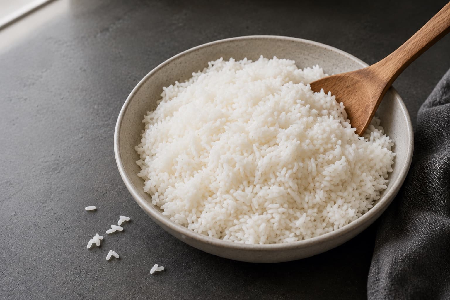 Uncooked long grain white rice beside a bowl of the same rice cooked