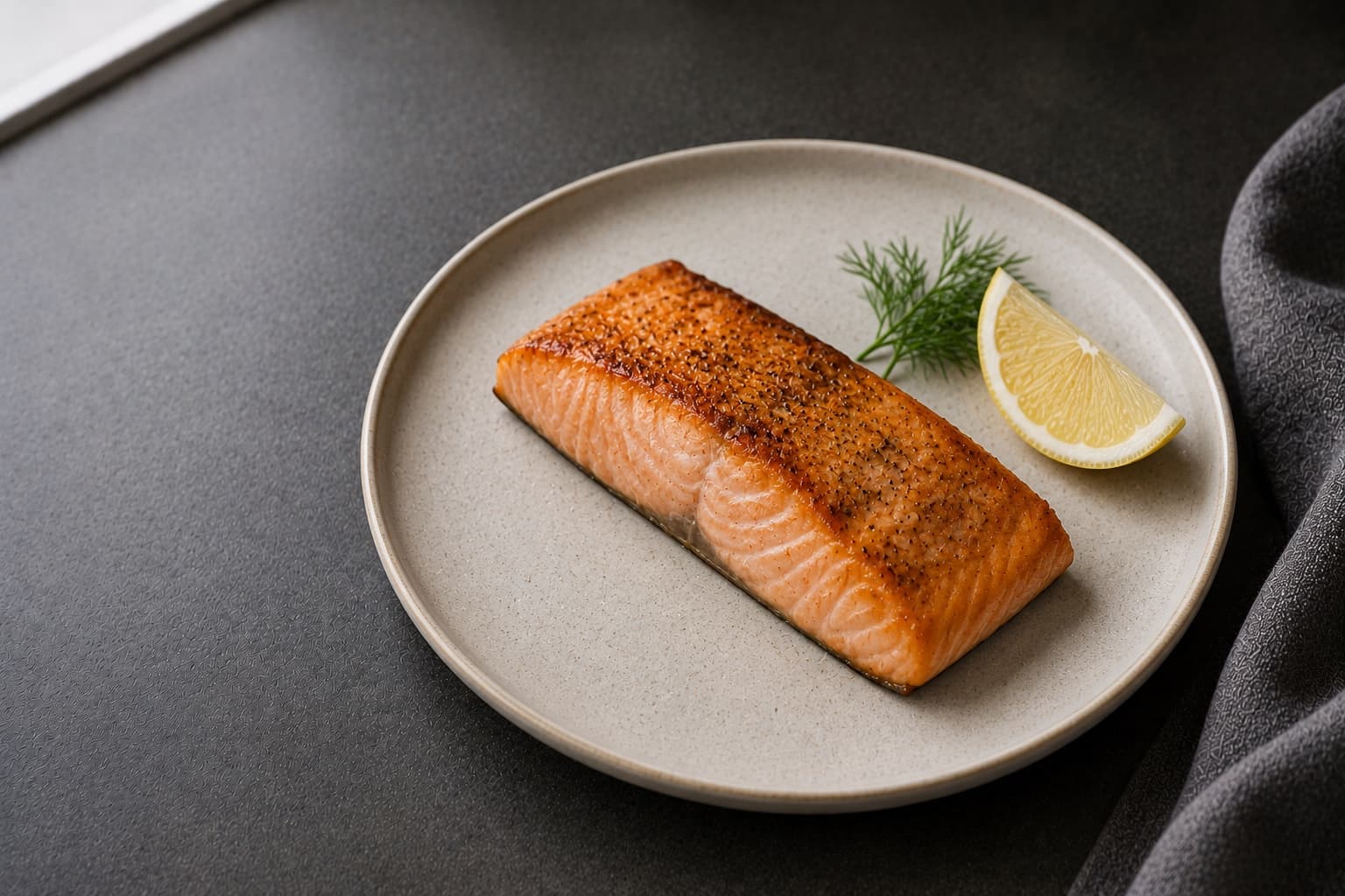 A raw salmon fillet beside a cooked fillet flaked with a fork