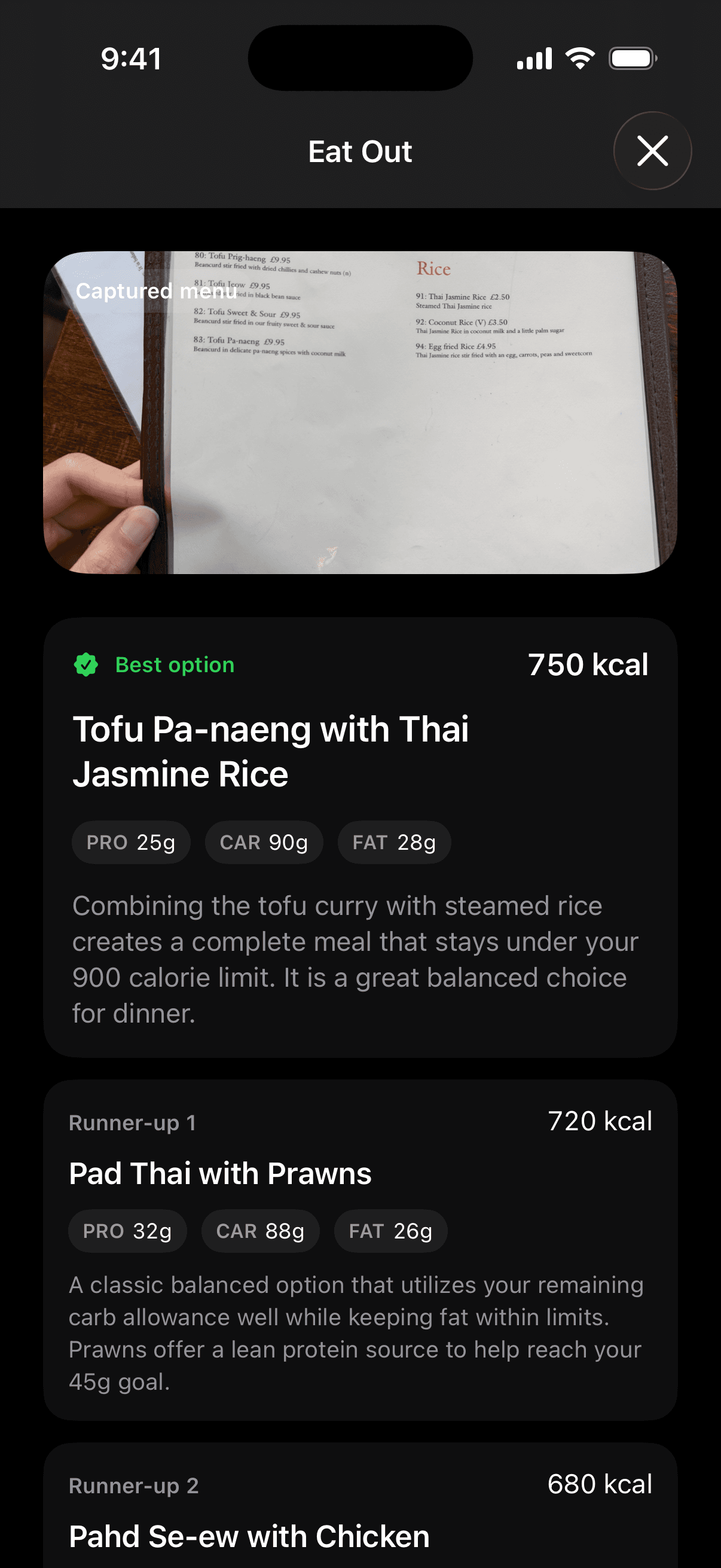 Eat Out menu scan result ranking meal options by calories and macros