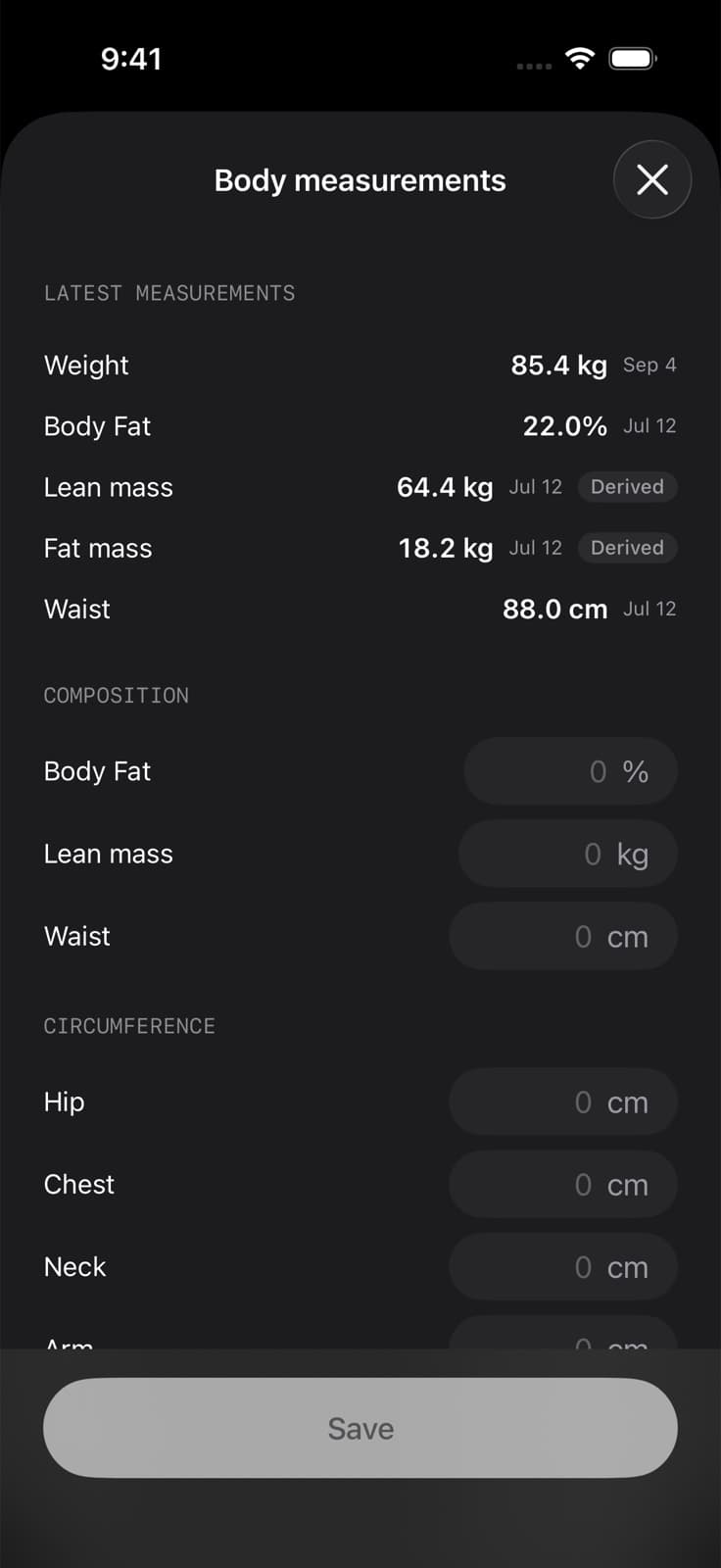 Fuel’s Body measurements sheet with Composition and Circumference fields