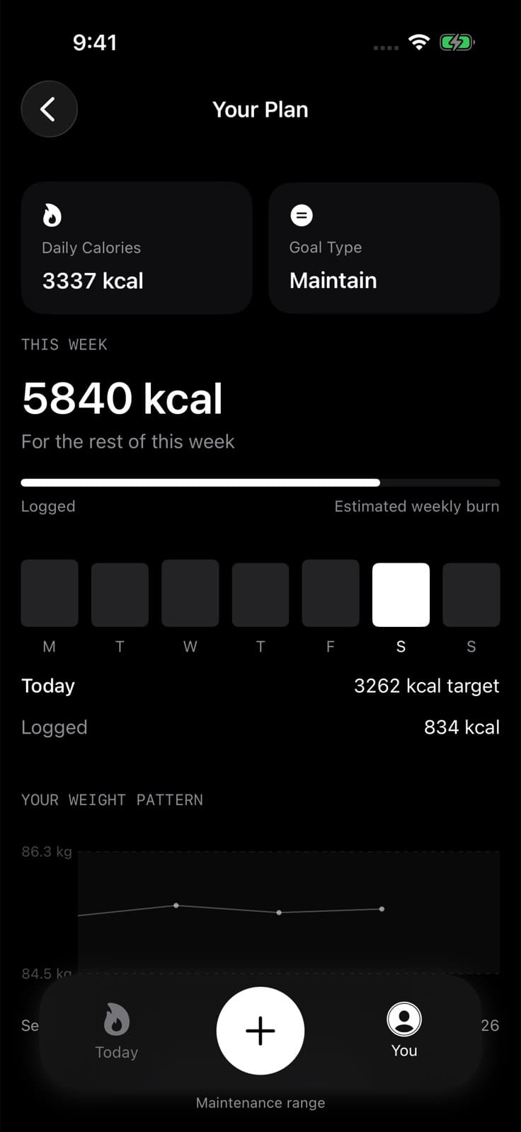 Your Plan in Maintain mode showing the remaining weekly allowance and daily calorie allocations