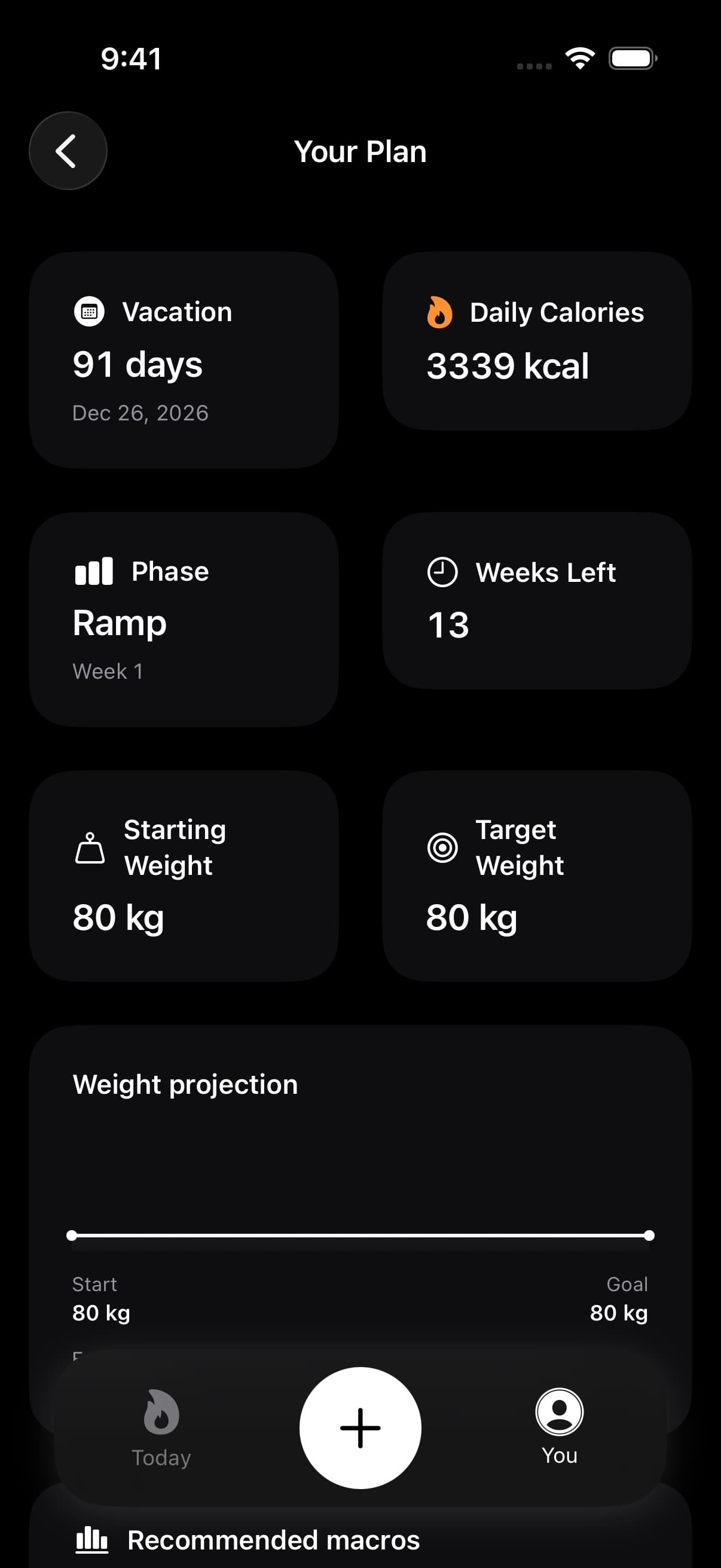 Your Plan showing an event countdown, daily calories, preparation phase, and weeks left
