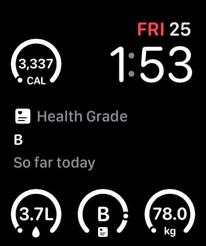 Modular Apple Watch face with Fuel calories, water, weight, and Health Grade complications