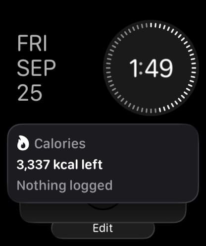 Apple Watch Smart Stack showing a Fuel Calories card with calories left and Nothing logged