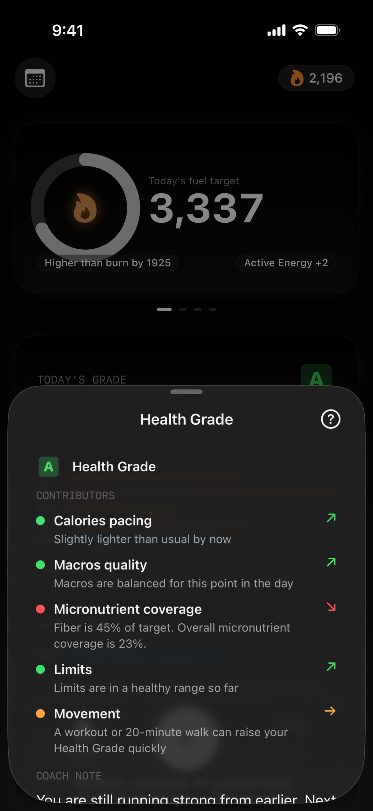 Health Grade detail showing contributors for calories, macros, micronutrients, lifestyle, and movement