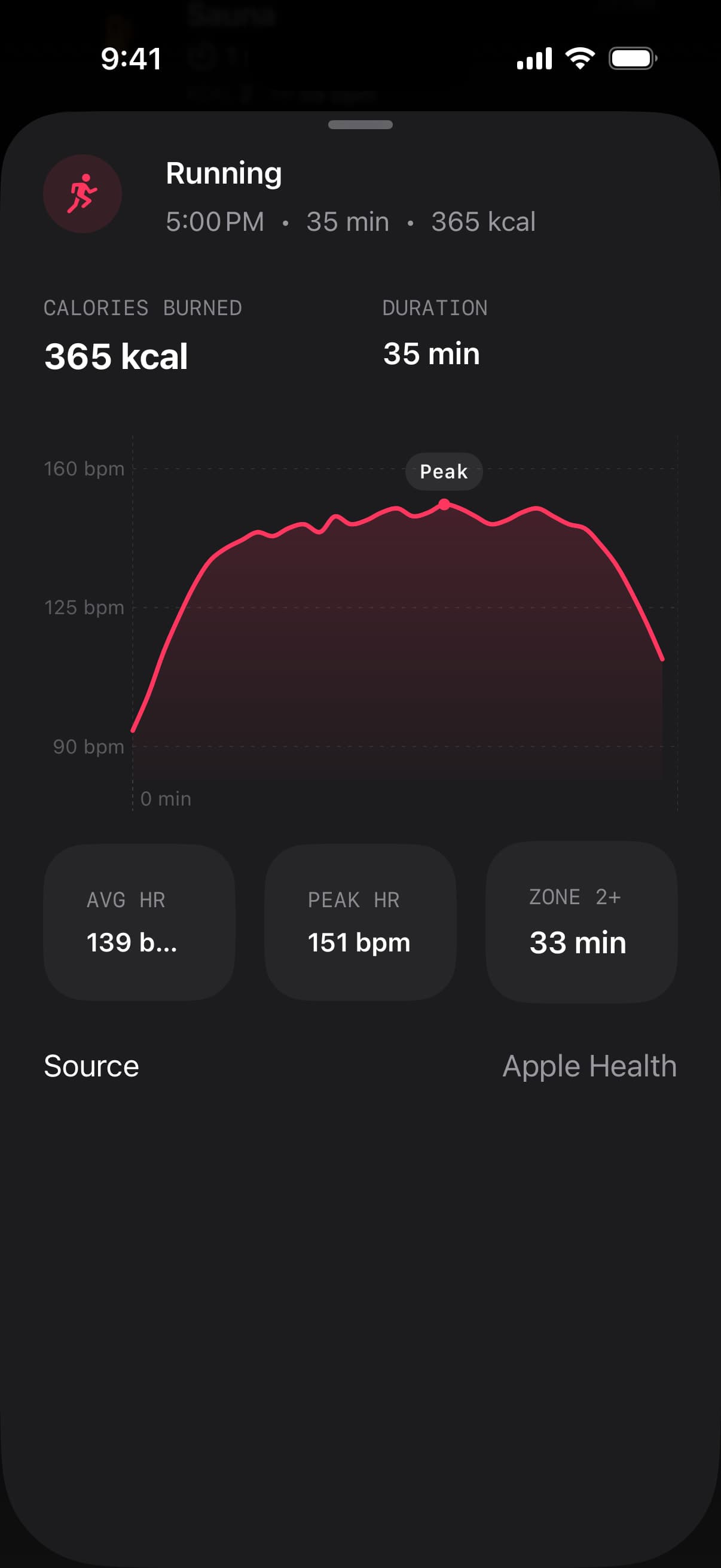 Running workout detail showing an illustrative simulator heart-rate trace, 35-minute duration, and workout metrics
