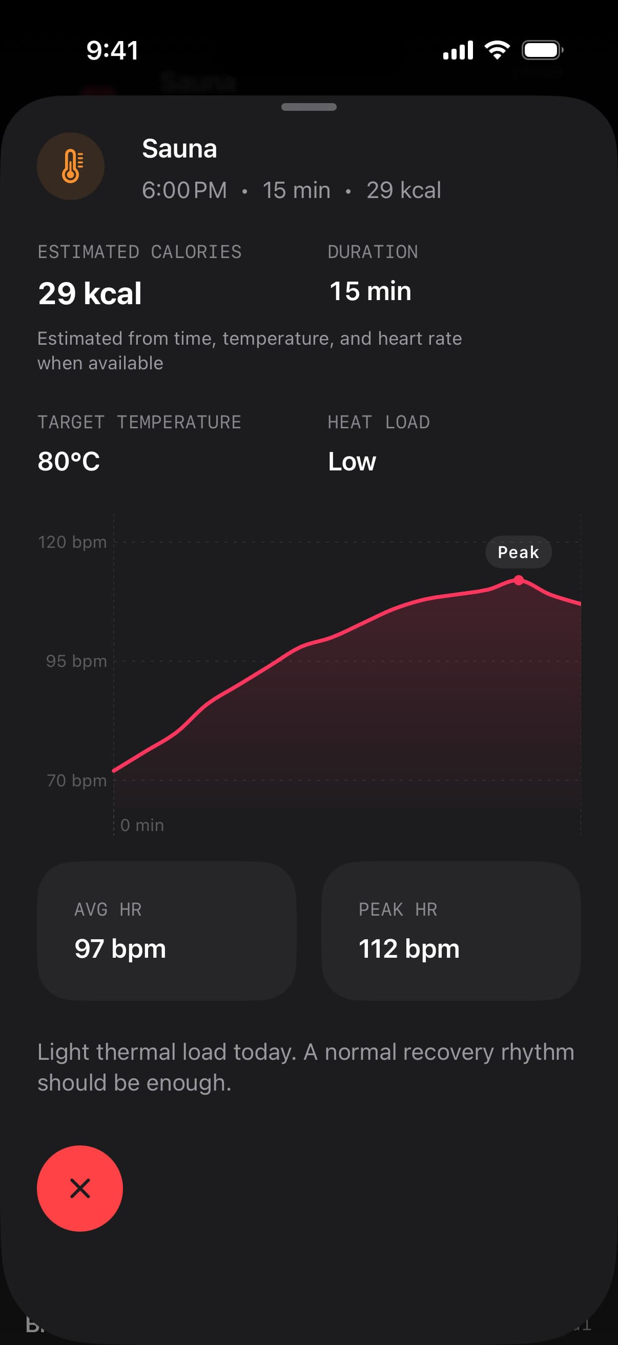 Fuel iPhone sauna detail showing an illustrative session recap and heart-rate chart