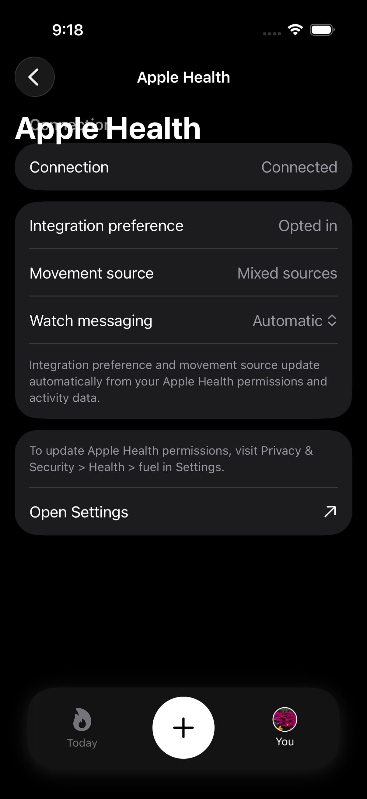 Apple Health settings screen showing connection and movement source status