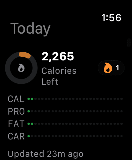 Apple Watch Today screen showing calories left, macro progress, streak status, and last update time