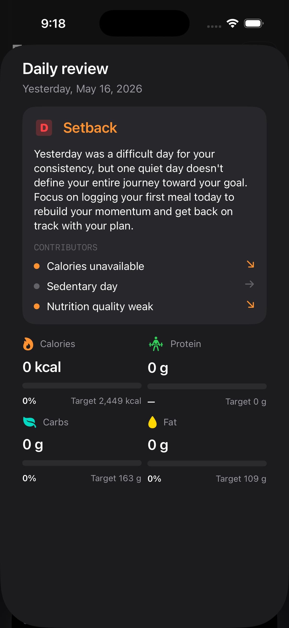 Daily Review screen showing a setback summary and macro review