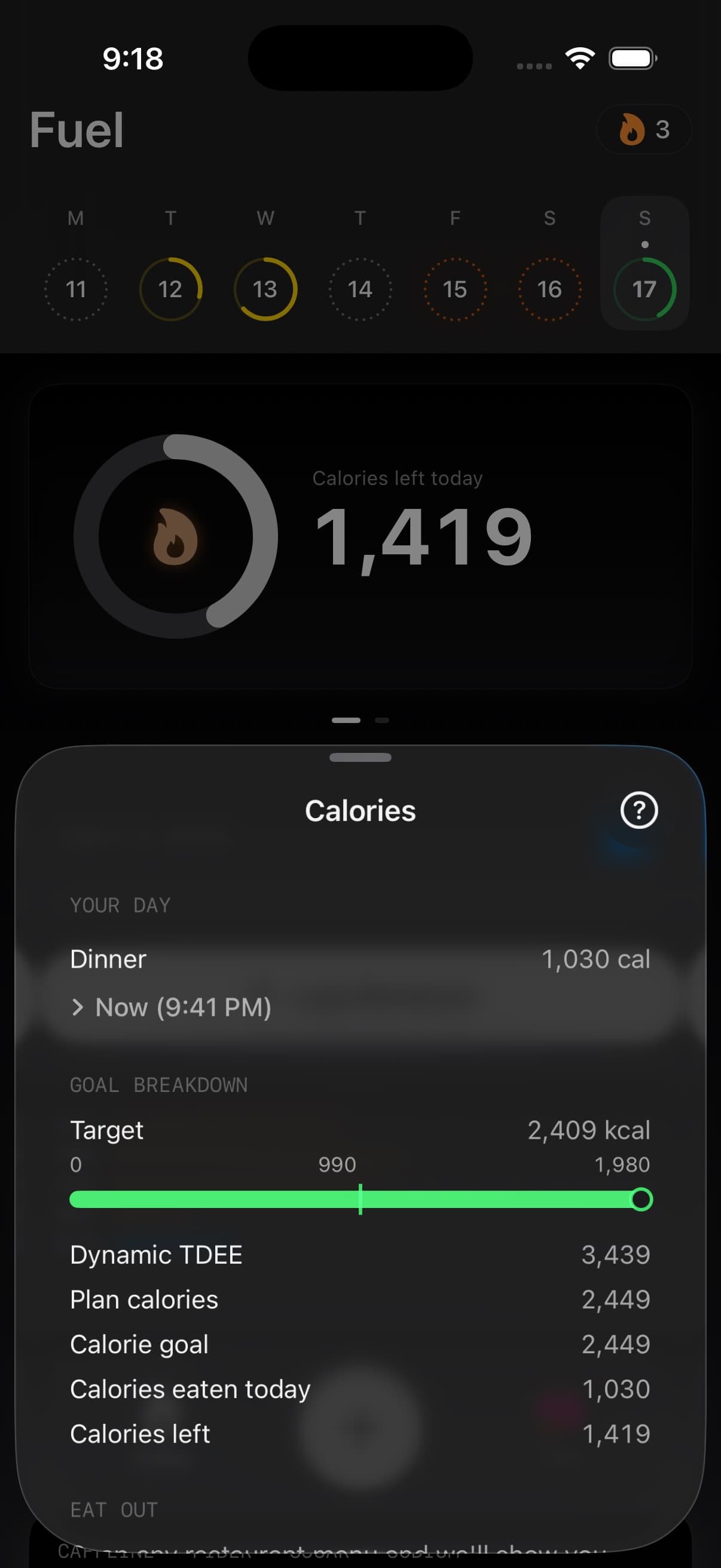 Energy Balance detail showing calories, dynamic target, plan calories, and calories left