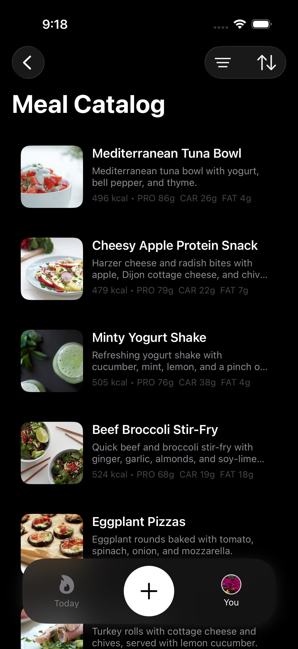 Meal Catalog screen showing searchable meal and recipe entries