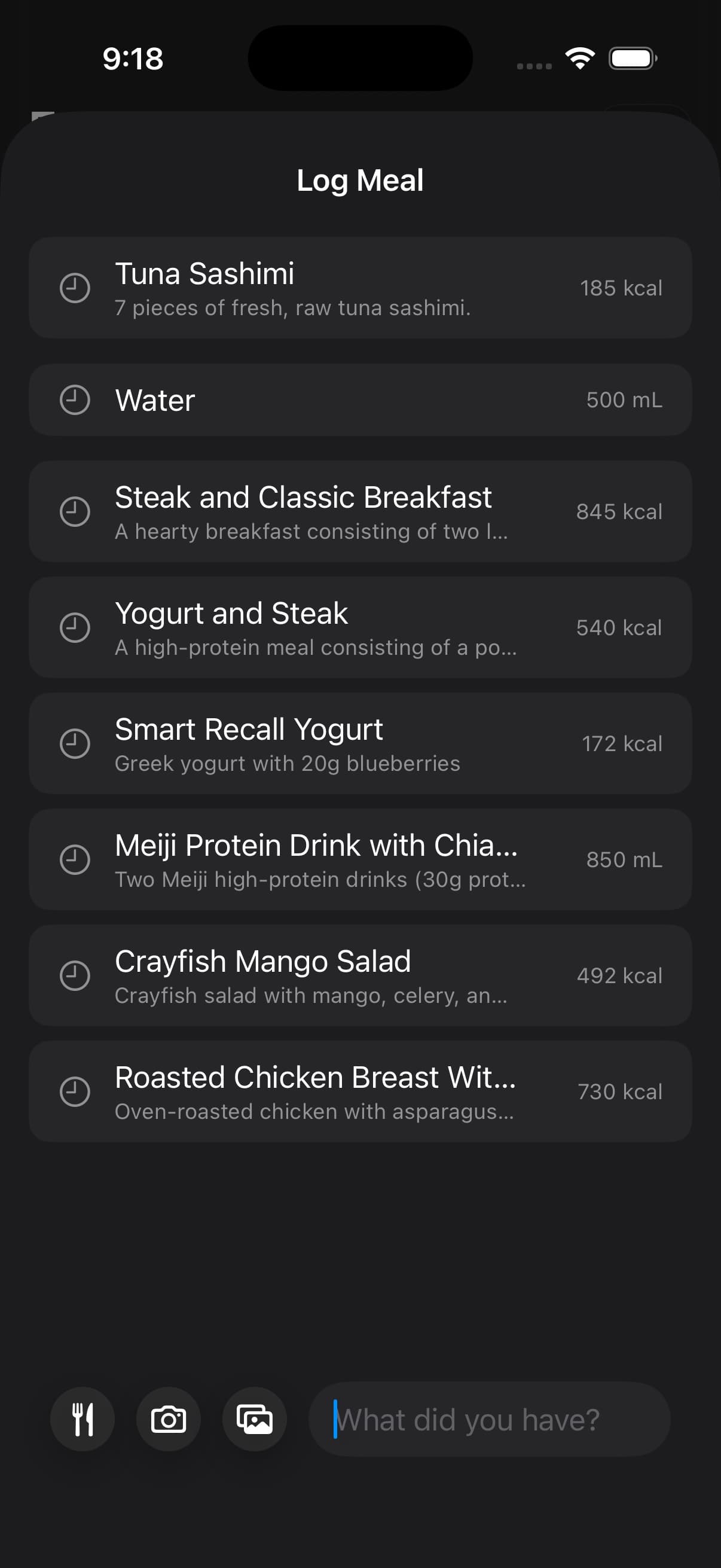 Log Meal screen showing parsed foods, calories, and meal entry actions