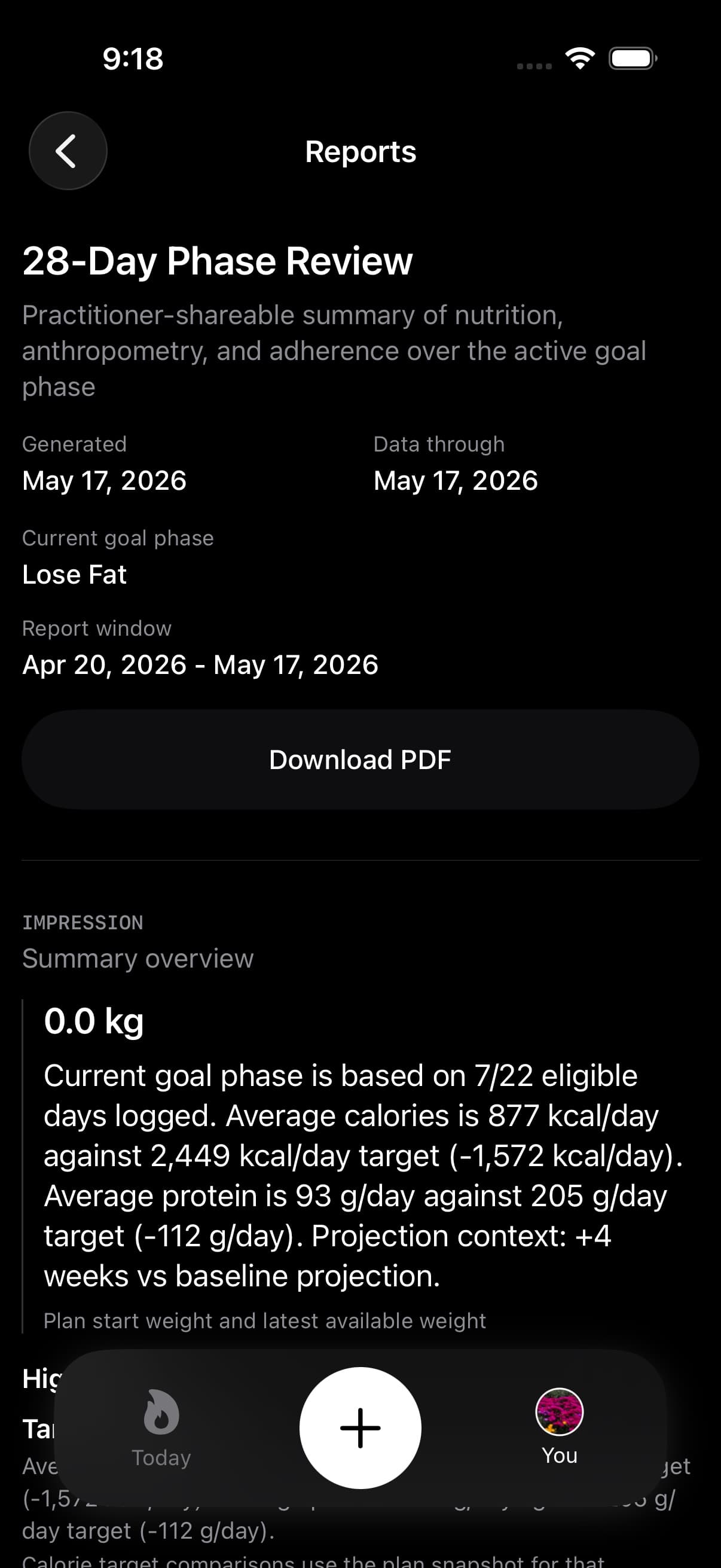 Reports screen showing the 28 day phase review and PDF export action
