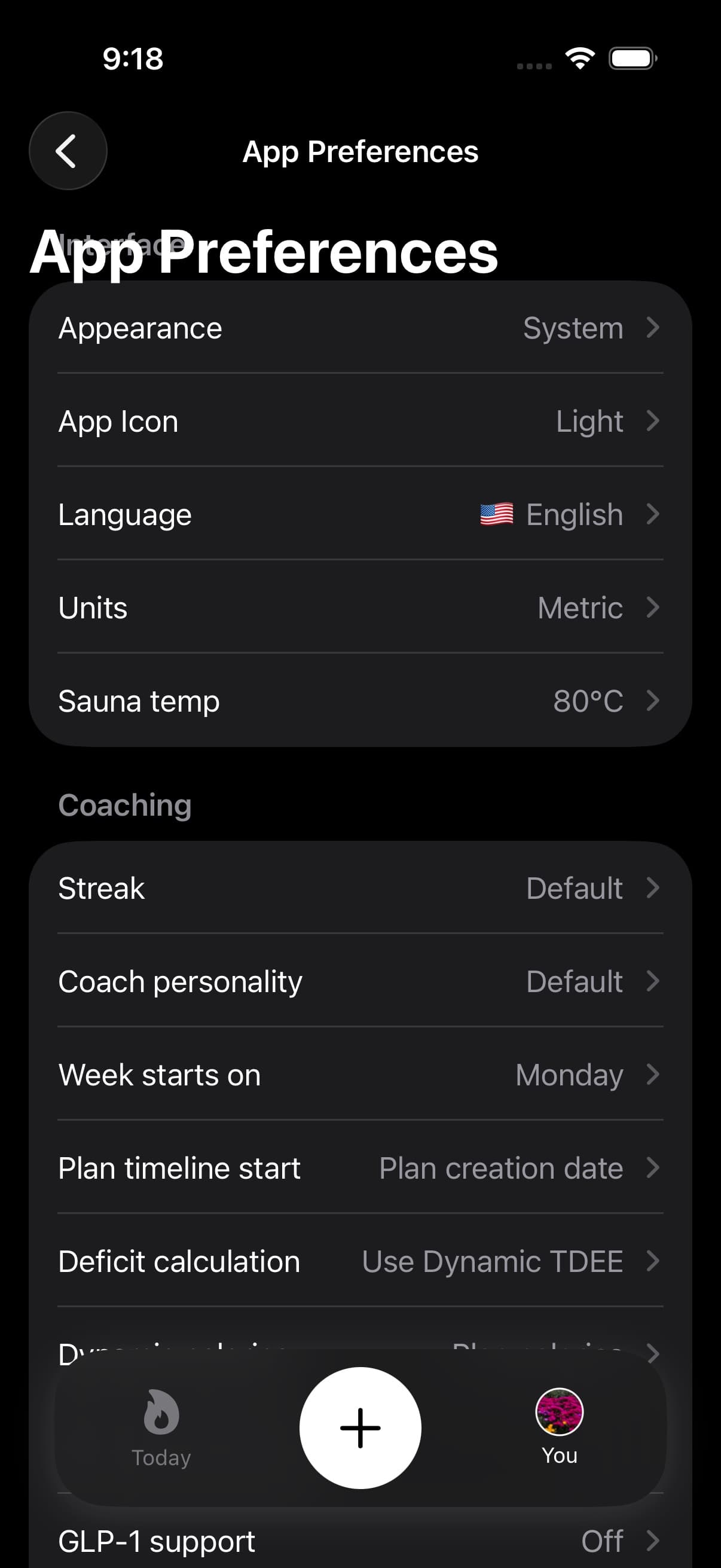 App Preferences screen showing privacy relevant units, coaching, and data preferences