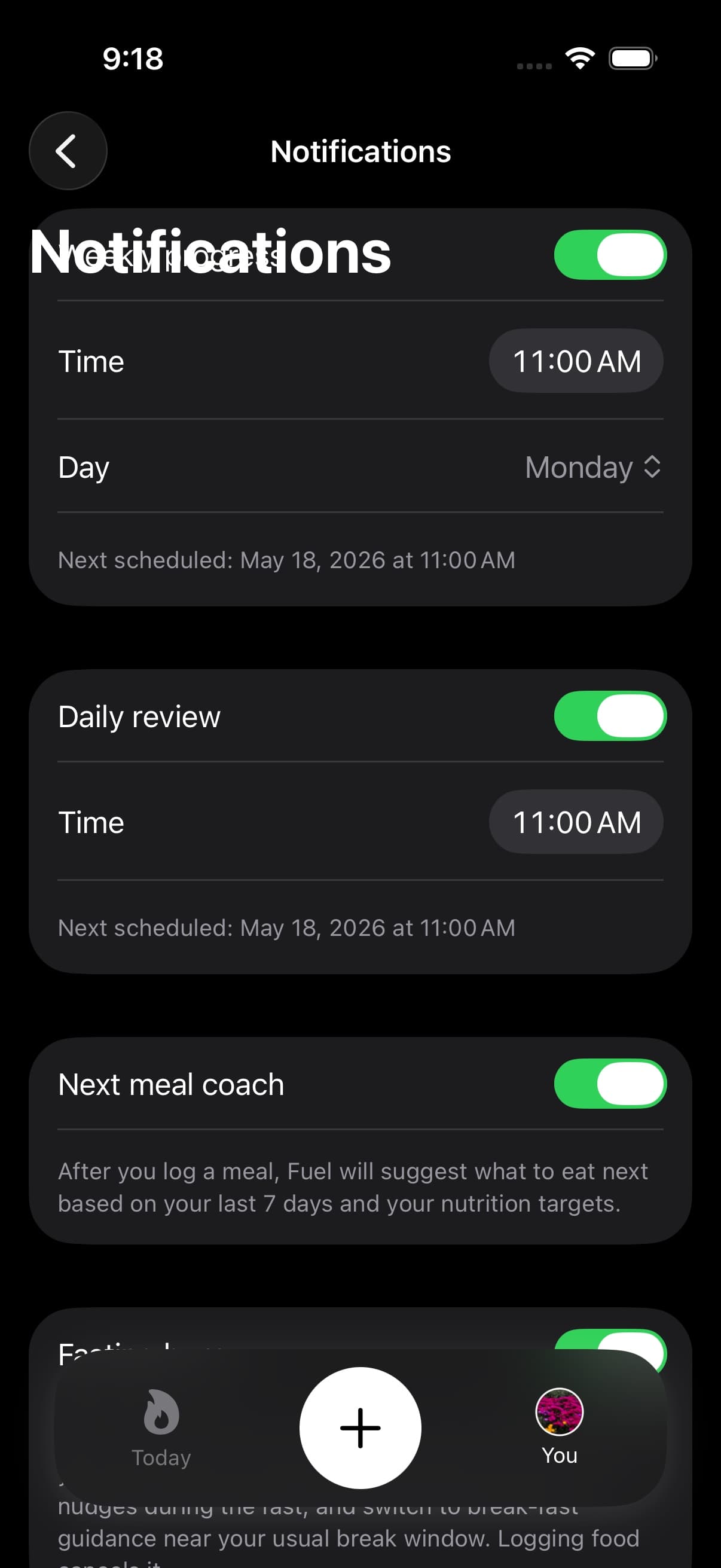 Notification settings screen showing smart reminders and coach notification controls