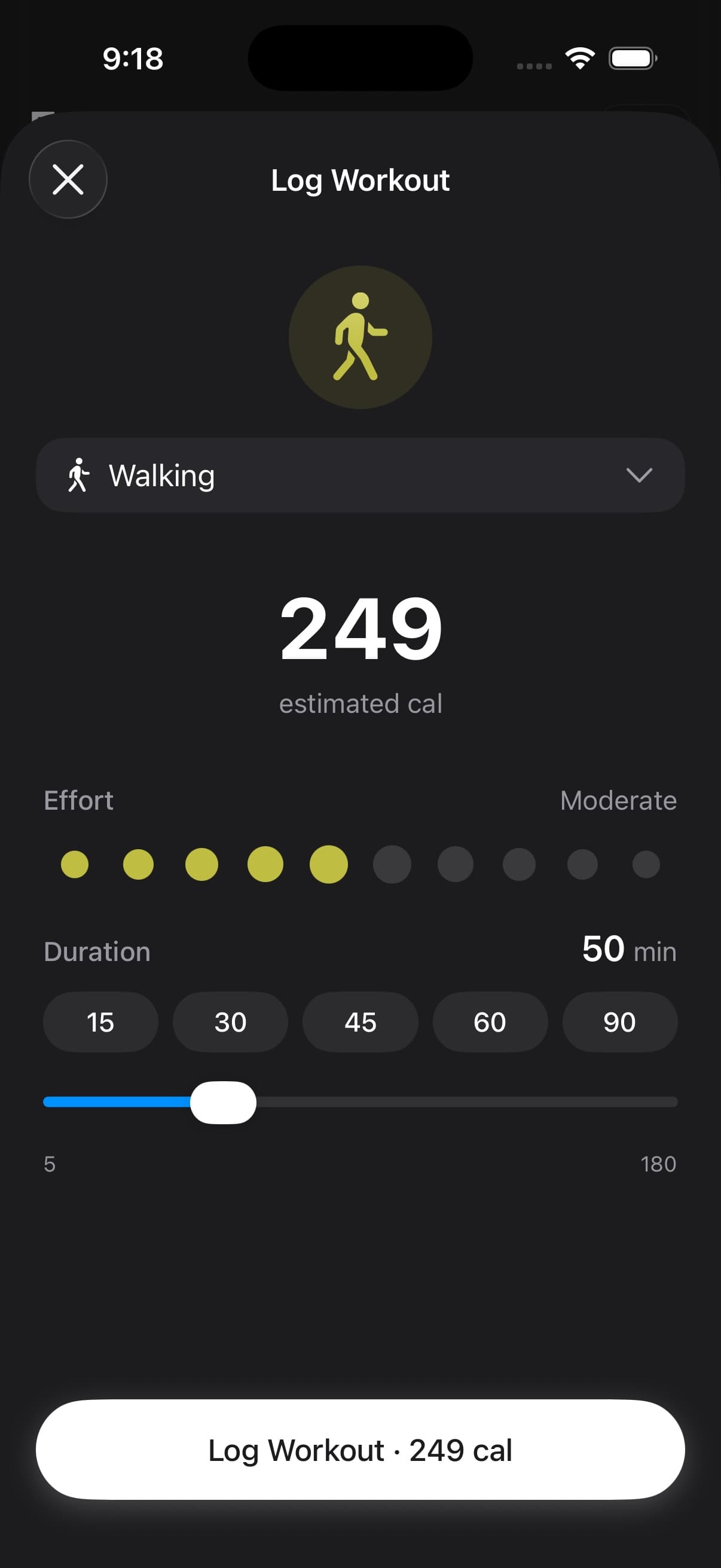 Log Workout screen showing activity type, estimated calories, effort, and duration