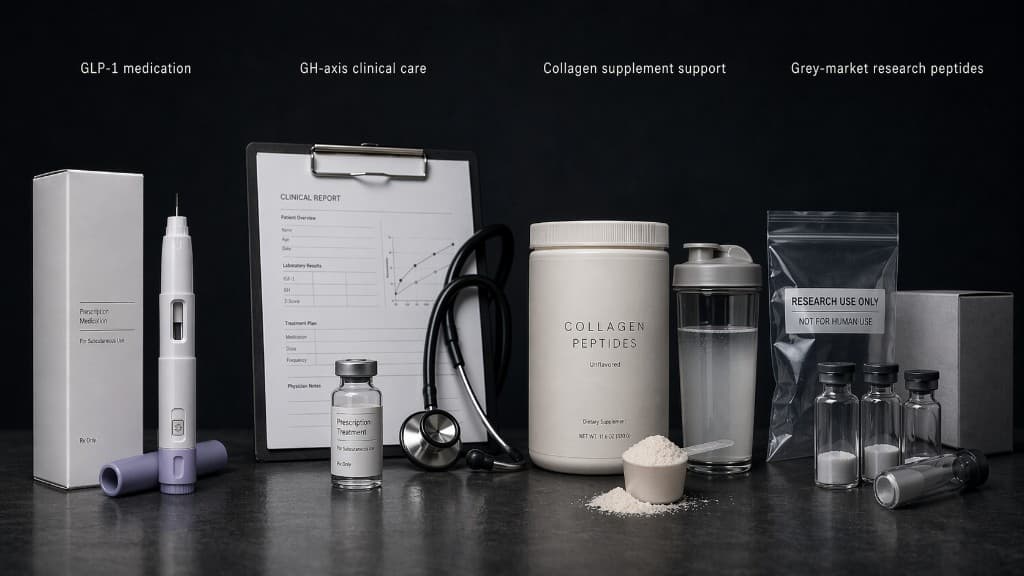 Four peptide categories side by side: a GLP-1 injector pen and box, a GH-axis clinical chart with a vial and stethoscope, an unflavored collagen supplement tub with a shaker, and grey-market research peptide vials labeled "research use only"