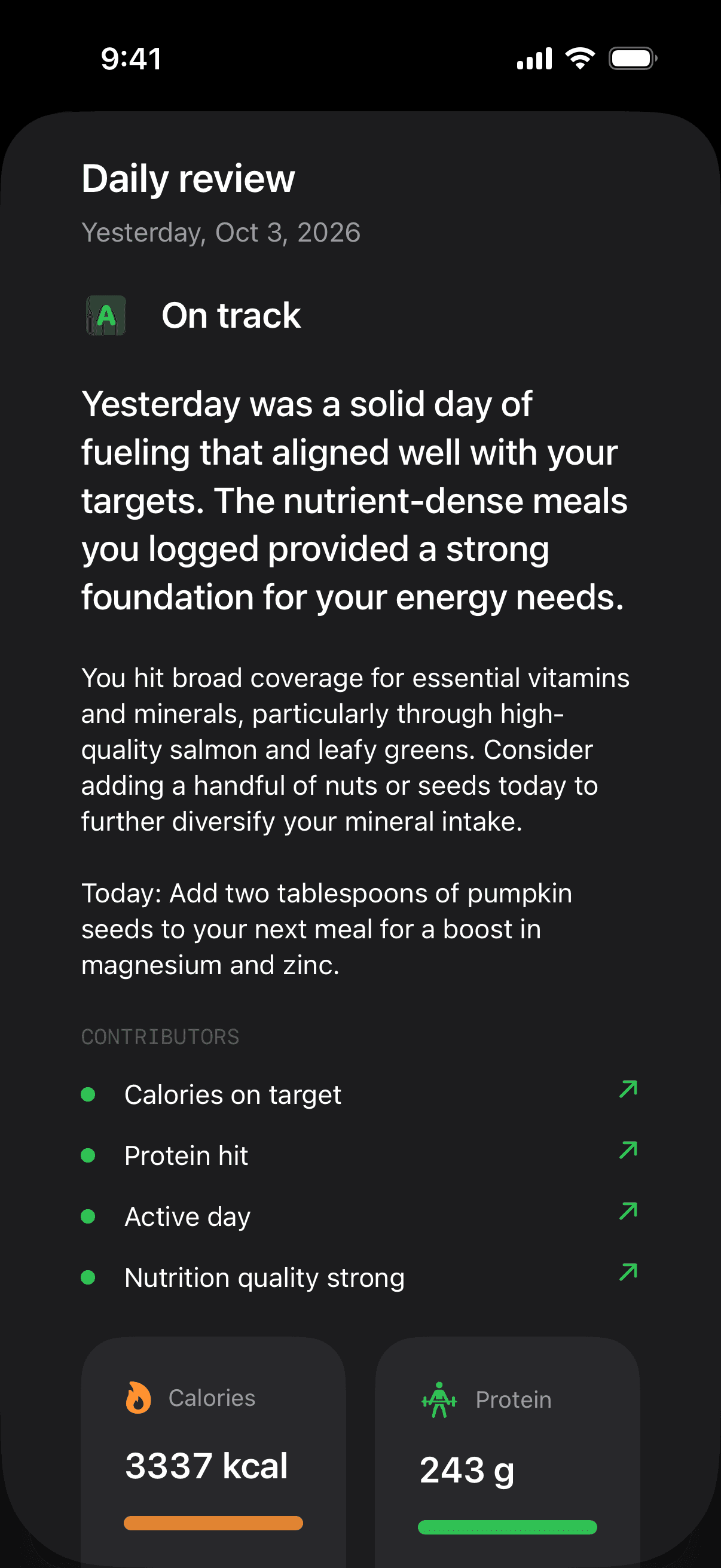 Fuel daily review screen showing a day-level recap, Health Grade context, and coaching before the next day starts