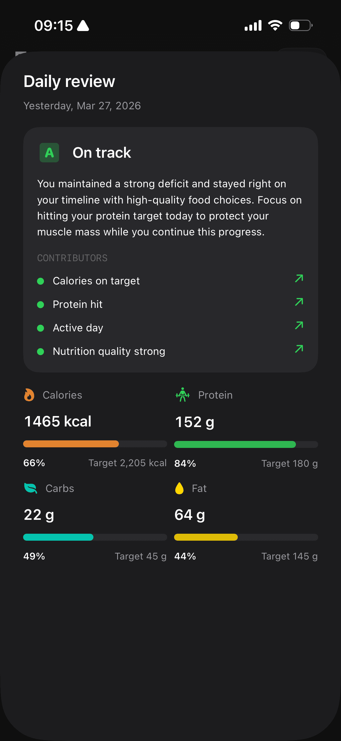 Fuel daily review screen showing a day-level recap, Health Grade context, and coaching before the next day starts