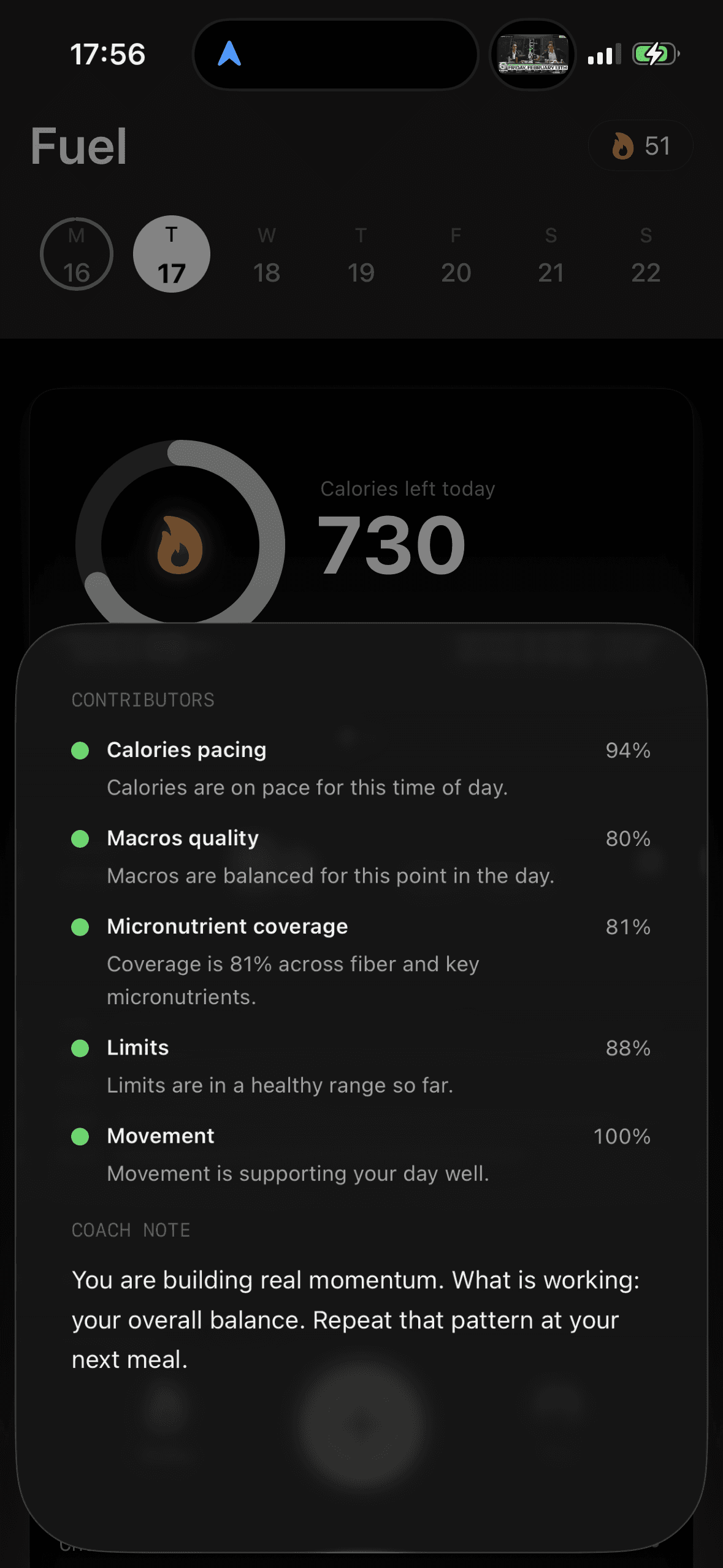 Fuel day grade screen showing performance, pacing, and recovery signals