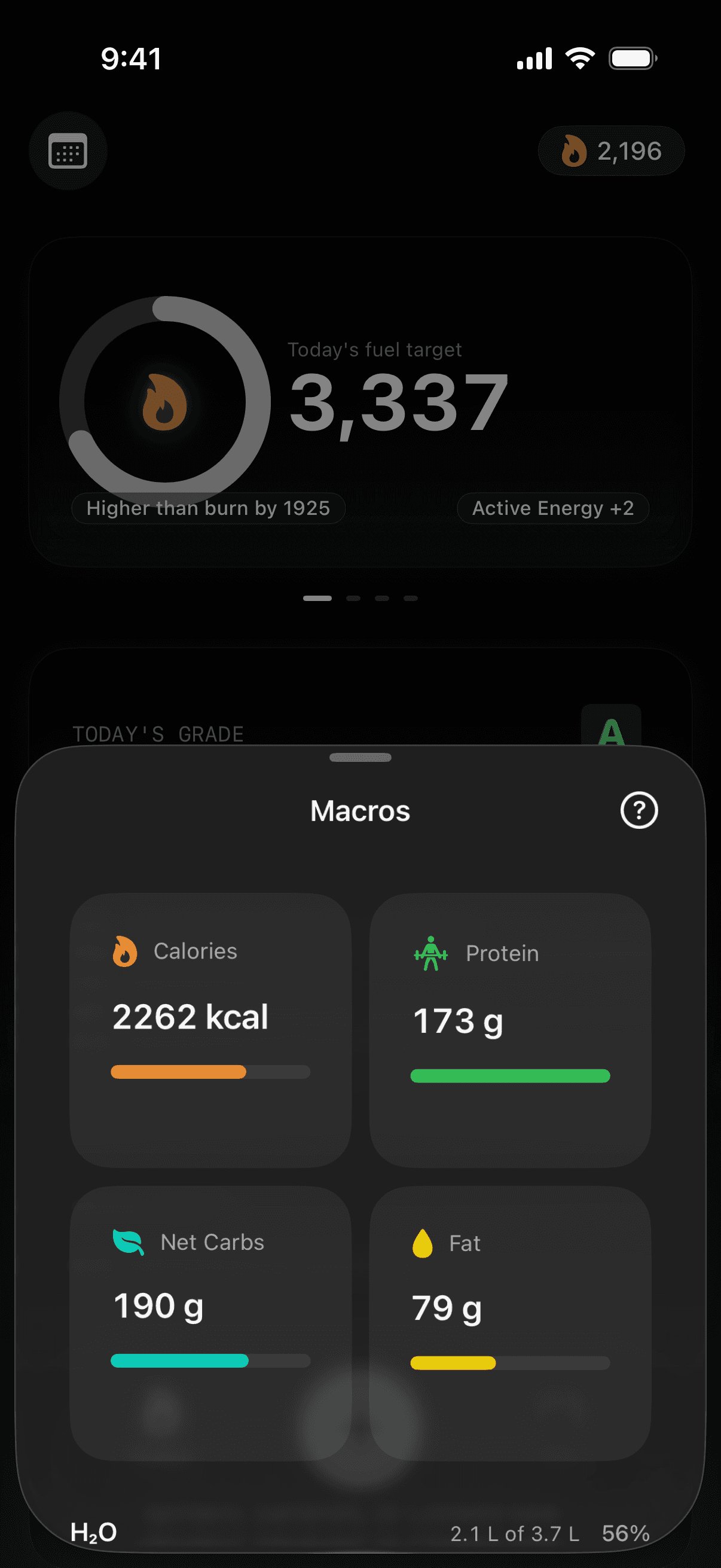 Fuel daily targets screen showing calories, protein, carbs, fat, and water against the current day’s Apple Watch-fed target
