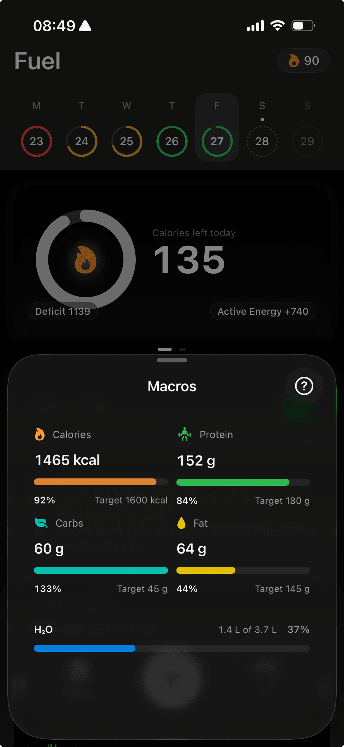 Fuel daily targets screen showing calories, protein, carbs, fat, and water against the current day’s Apple Watch-fed target