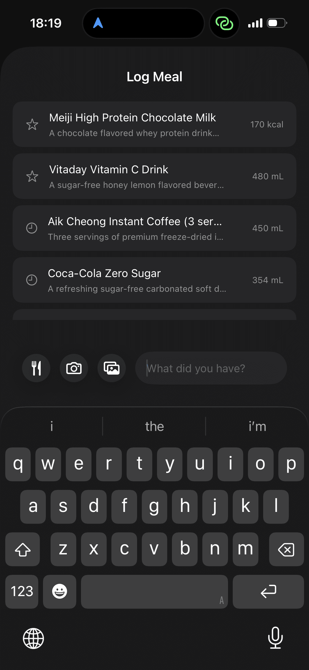 Fuel meal log showing a saved default meal ready to repeat