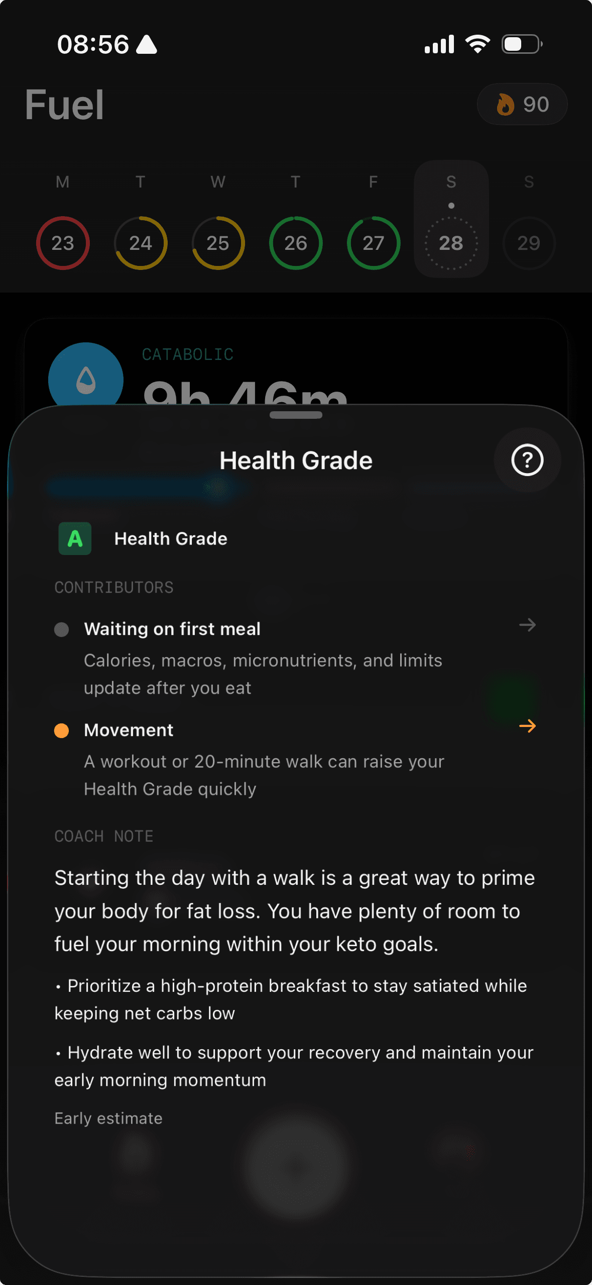 Fuel morning Health Grade with proactive coaching guidance before any meals are logged