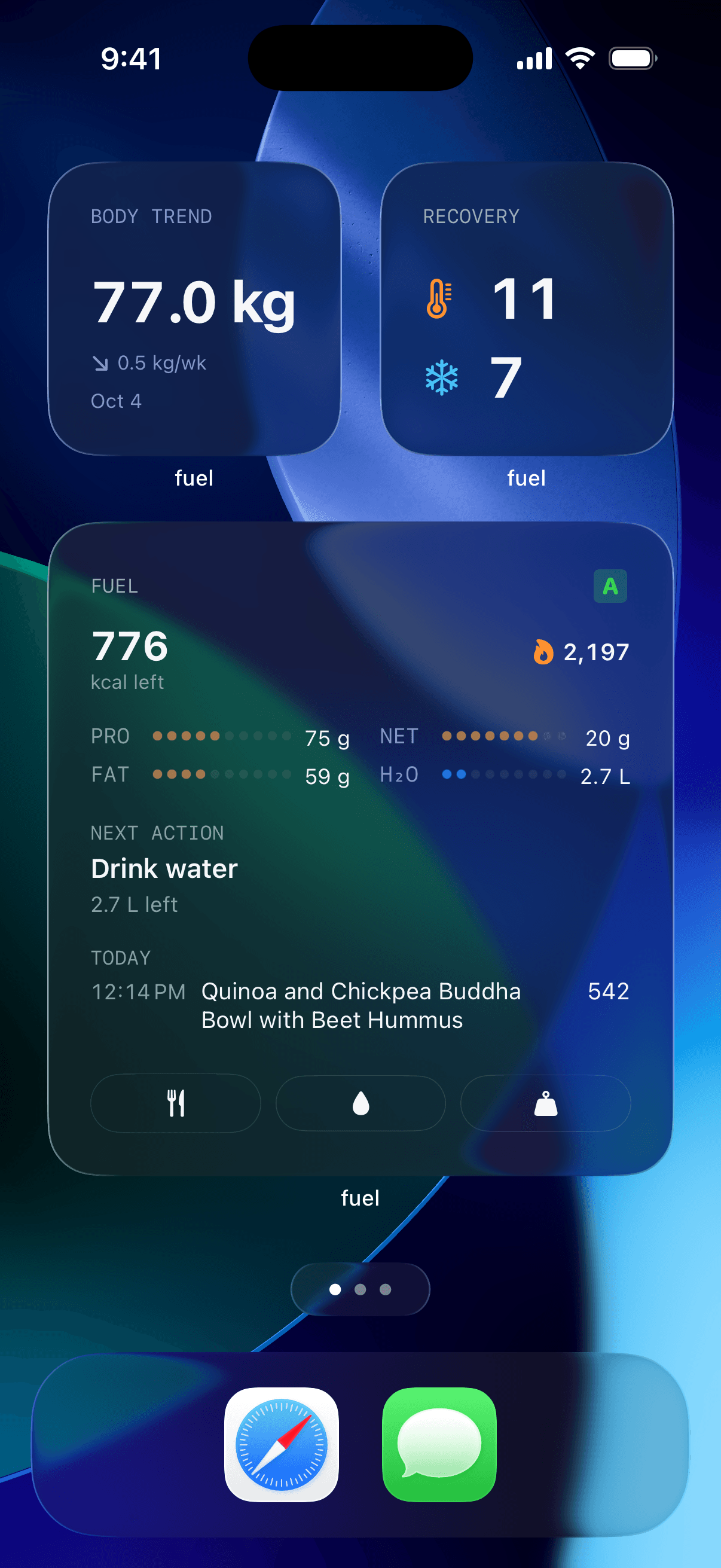 Fuel widgets screen showing calorie targets, remaining macros, water, and progress visible without opening the app