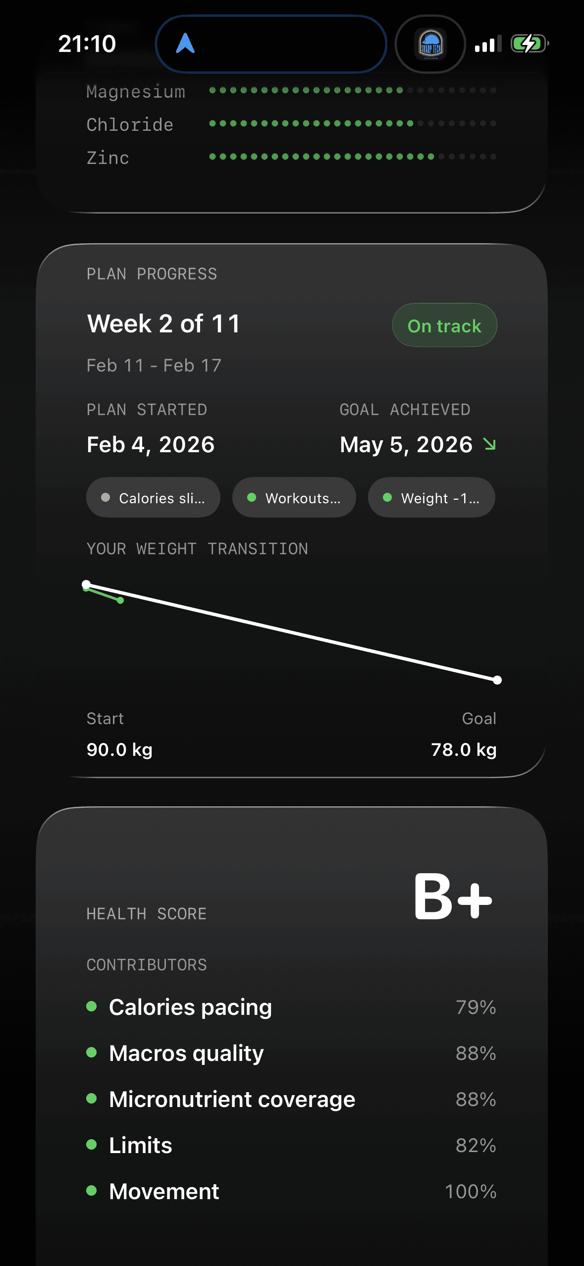 Fuel widgets screen showing calorie targets, remaining macros, water, and progress visible without opening the app
