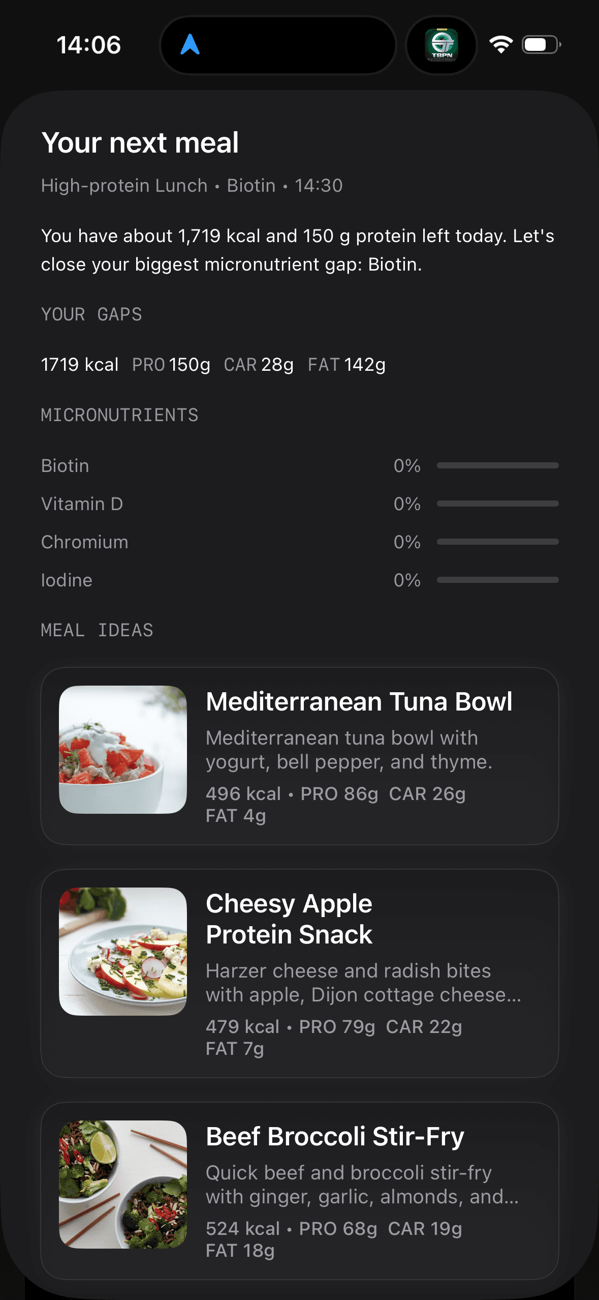 Your next meal coaching screen showing remaining calories, protein, micronutrient gaps, and meal ideas