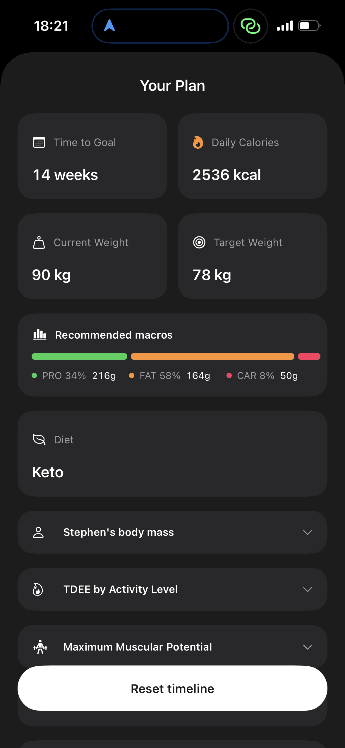 Fuel plan screen showing calorie and macro targets for a muscle-gain phase