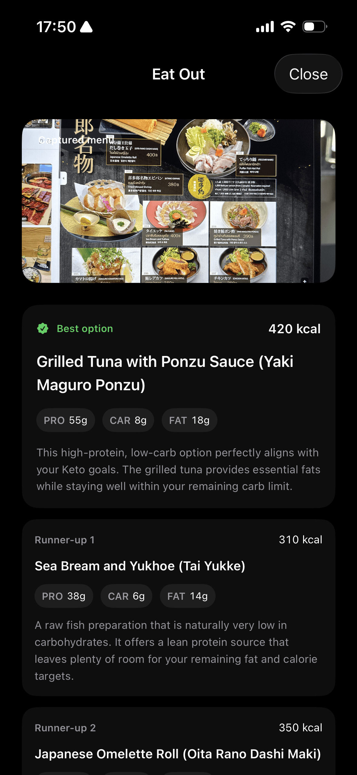 Fuel Eat Out menu scan showing restaurant recommendations matched to remaining calories and macros