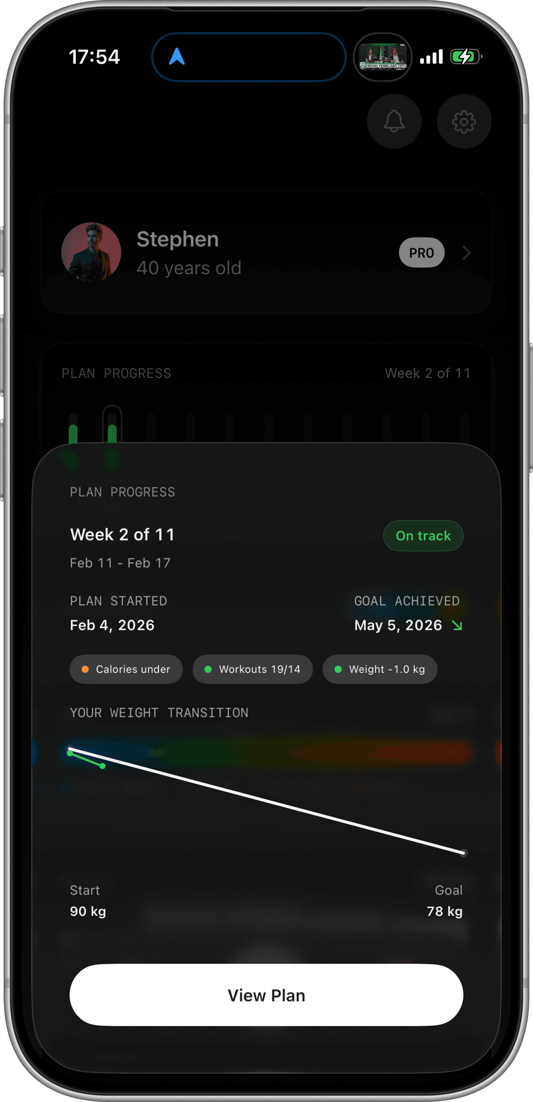 Fuel plan view showing trajectory, targets, and progress against the current goal